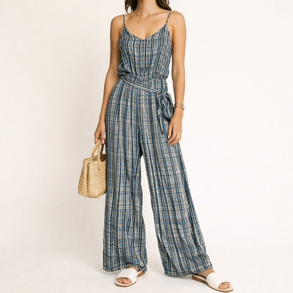 Bailey 44 Womens 4 Jumpsuit Coastal Boho Plaid Wide Leg Blue White Lightweight S